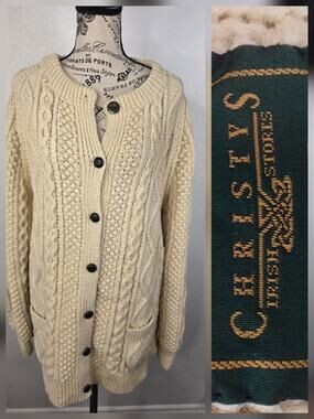 Irish Wool Cardigan Sweater XL/2XL Hand Knit Womens Cable Sweater Cream ECRU